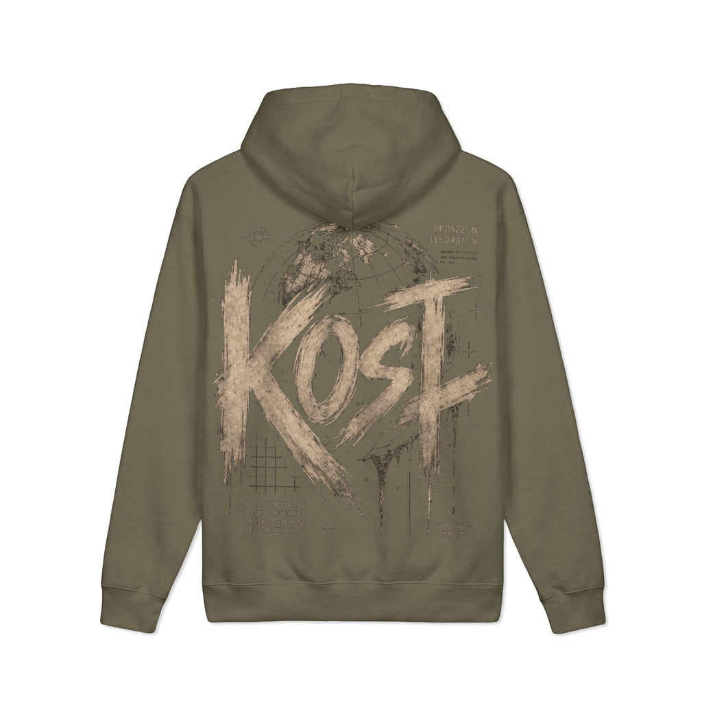 KOST Globe Graphic Hoodie — Vintage Earthtone Logo Heavyweight Sweatshirt