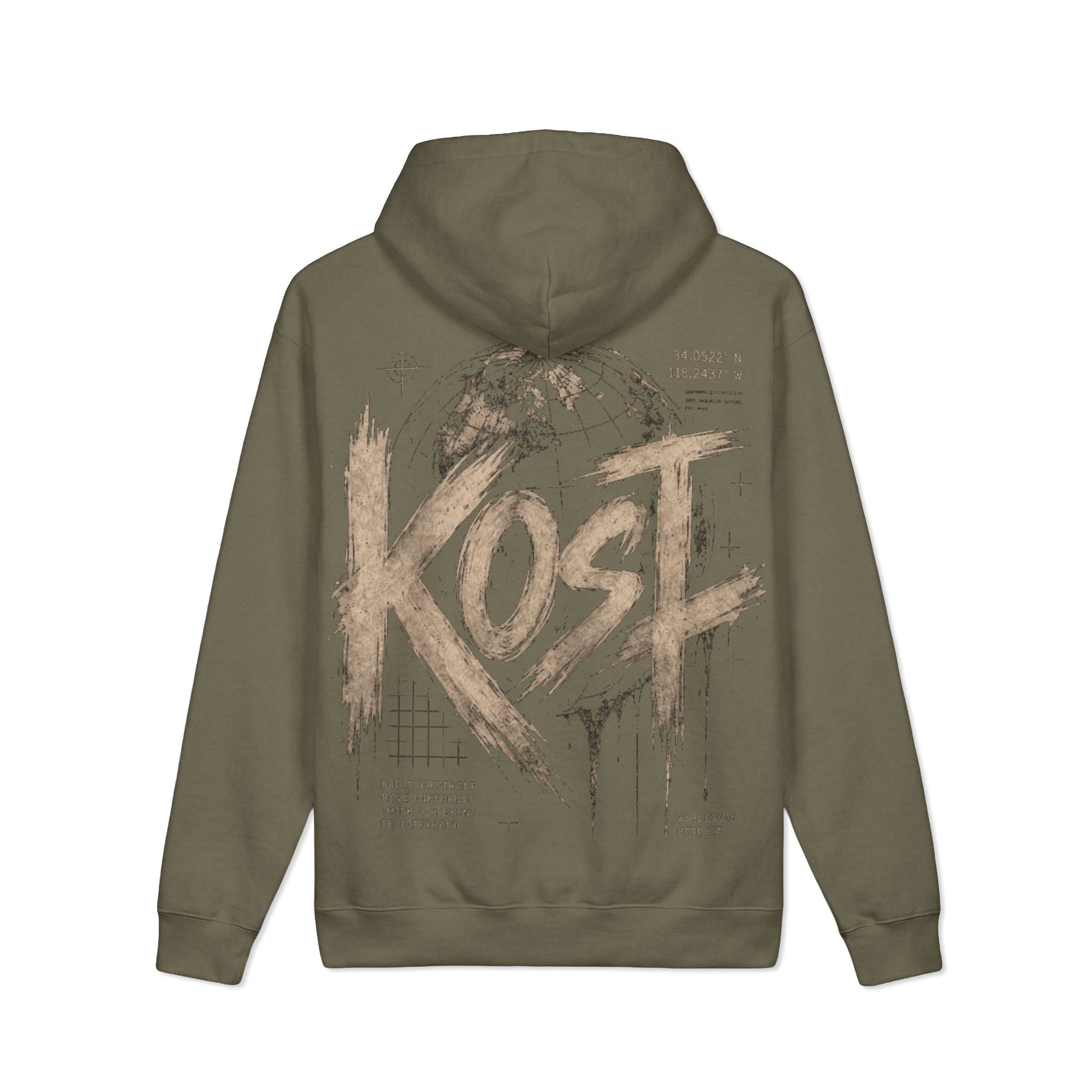 KOST Globe Graphic Hoodie — Vintage Earthtone Logo Heavyweight Sweatshirt