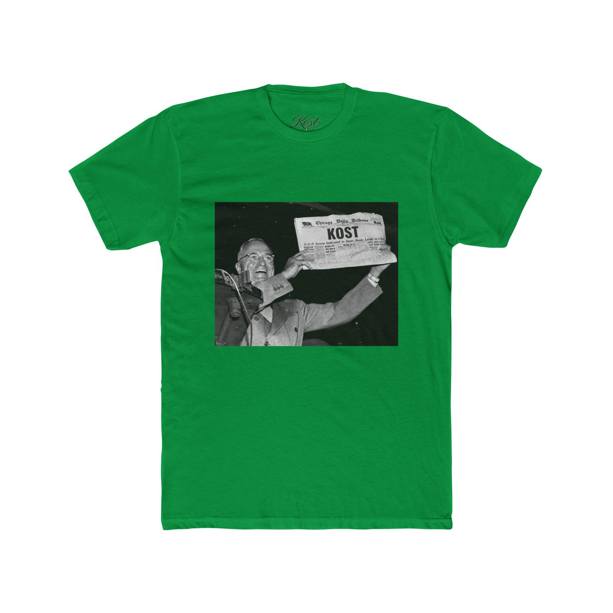 Vintage Newsboy ‘KOST’ Photo T‑Shirt — Retro Black & White Graphic Tee
