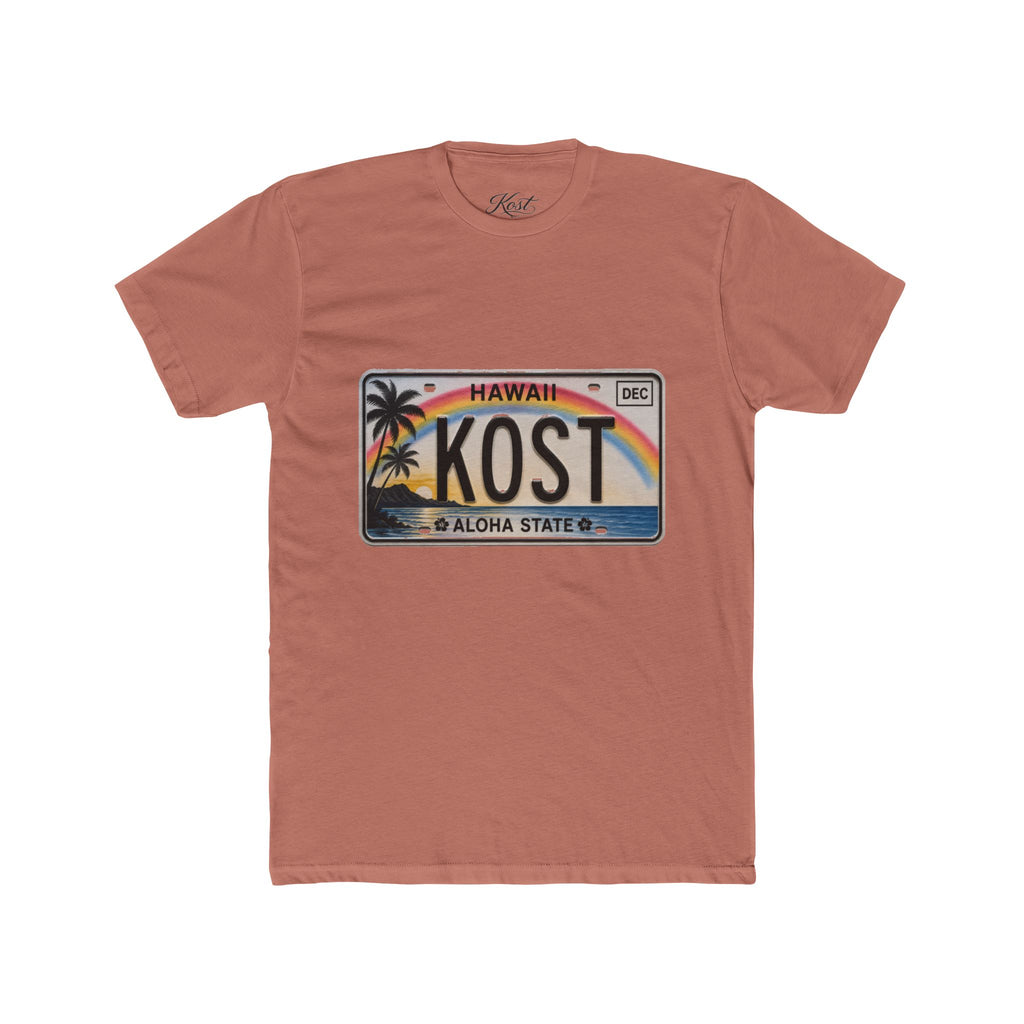 Hawaii License Plate Tee – KOST Aloha State Retro Palm Rainbow T-Shirt