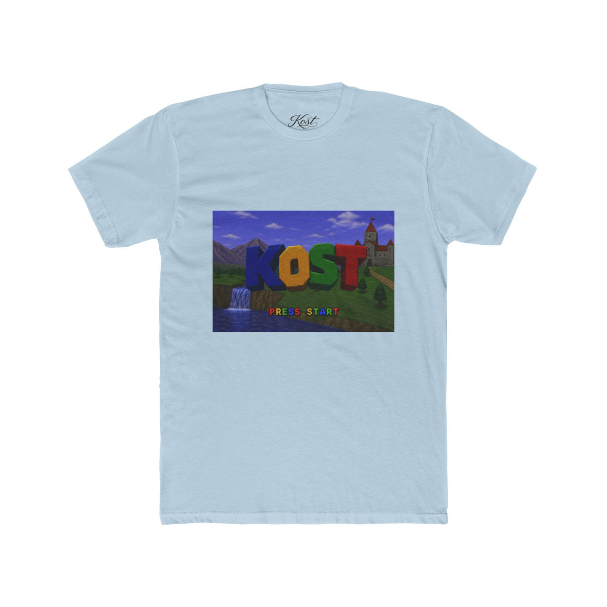 KOST Minecraft-Style Graphic Tee — Colorful Block Letter Landscape Shirt