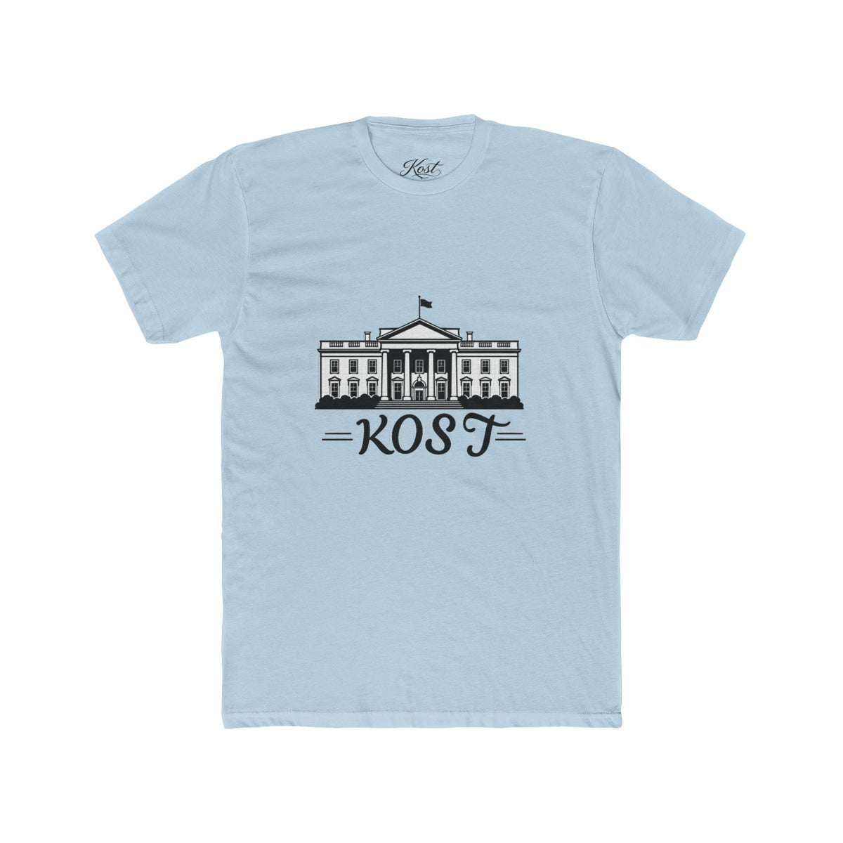 White Tee with White House Illustration and "KOST" Script – Patriotic Graphic T-Shirt
